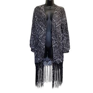 Boom Boom Jeans Abstract Print Macrame Fringe Open Front Cardigan Cover-Up L/XL